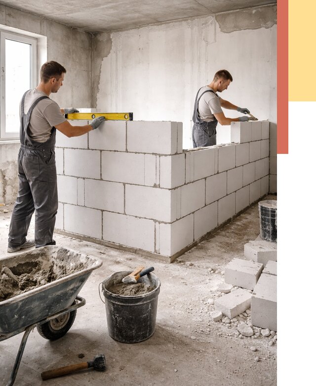 Кладка перегородок из ПГП в Павловском Посаде от 2541 руб./м2 — монтаж и возведение под ключ | ОТДЕЛОЧНИК-Пвл