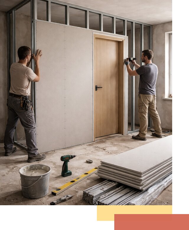 Перегородка из гипсокартона с дверью под ключ в Павловском Посаде