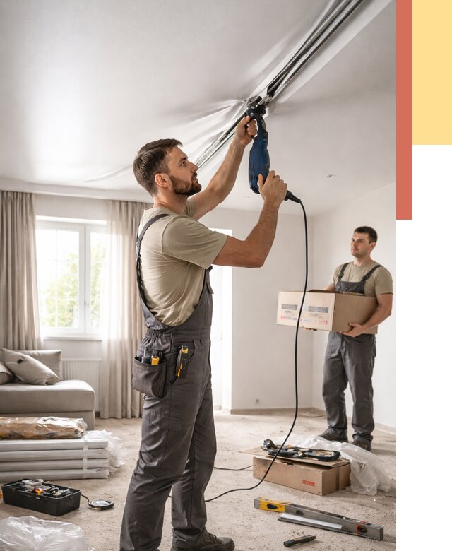 Монтаж сатинового натяжного потолка в Павловском Посаде от 3557 руб. | Быстро, недорого — ОТДЕЛОЧНИК-Пвл