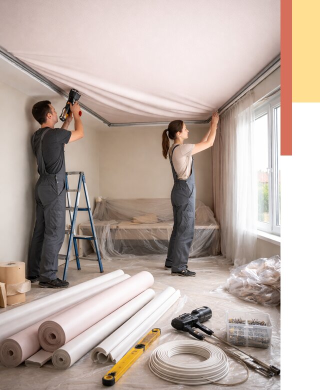 Монтаж цветного натяжного потолка в Павловском Посаде от 4268 руб/м² — быстро и недорого | ОТДЕЛОЧНИК-Пвл