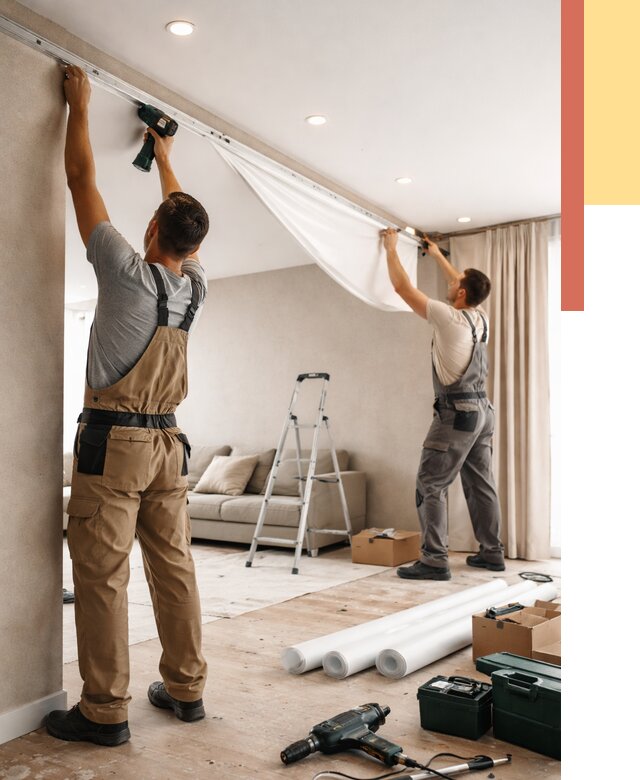 Монтаж натяжного потолка в гостиной в Павловском Посаде от 559 руб. | ОТДЕЛОЧНИК-Пвл