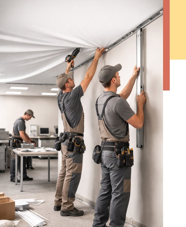 Монтаж натяжного потолка в офисе в Павловском Посаде от 457 руб/м² — быстро и недорого | ОТДЕЛОЧНИК-Пвл